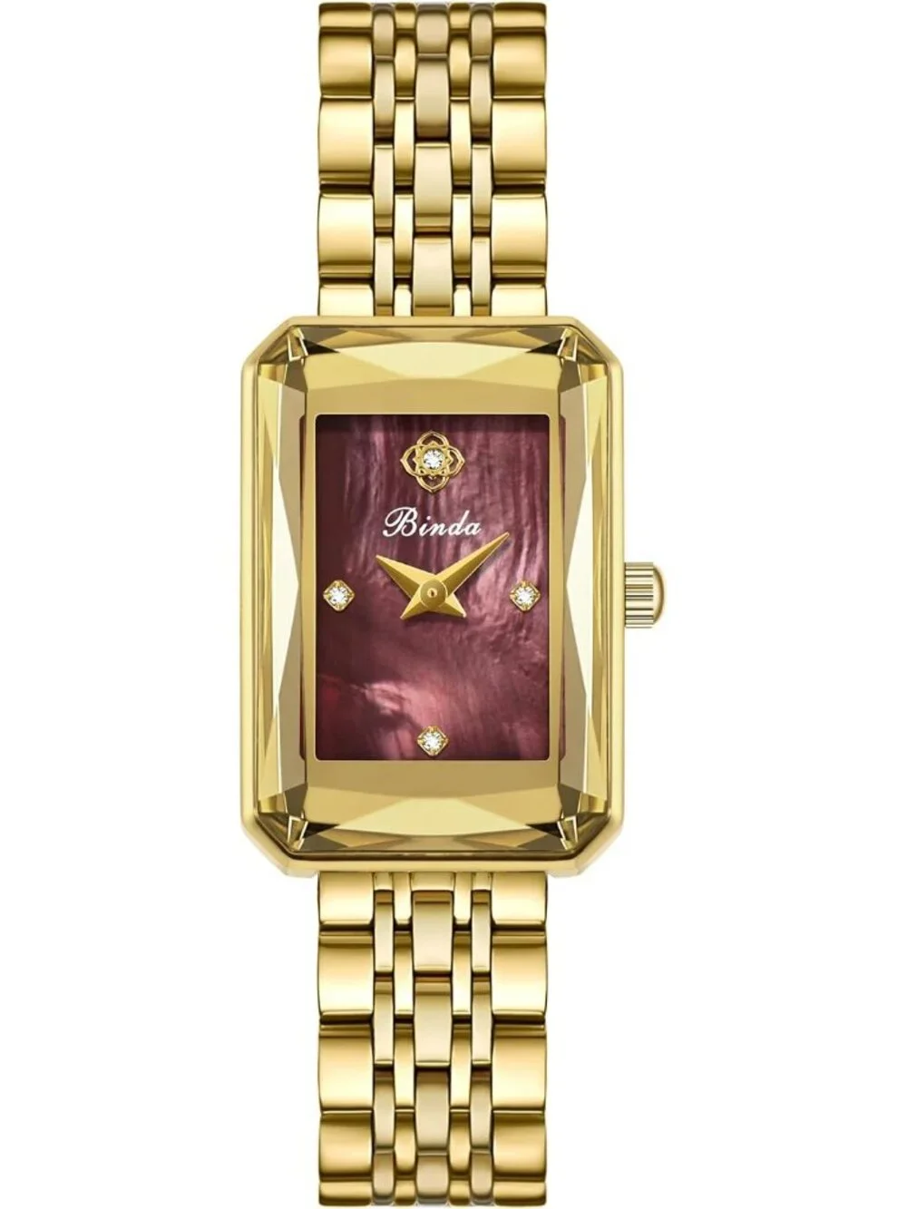 Women's Gold Burgundy Vintage Rectangular Case Stainless Steel Band Wrist Watch